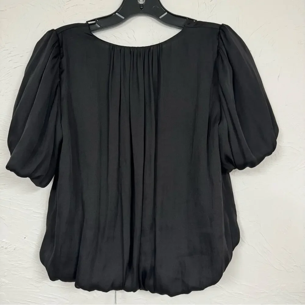Astr The Label Satin Short Sleeve Blouse Womens XS Bubble Hem Puff Sleeve Shirt